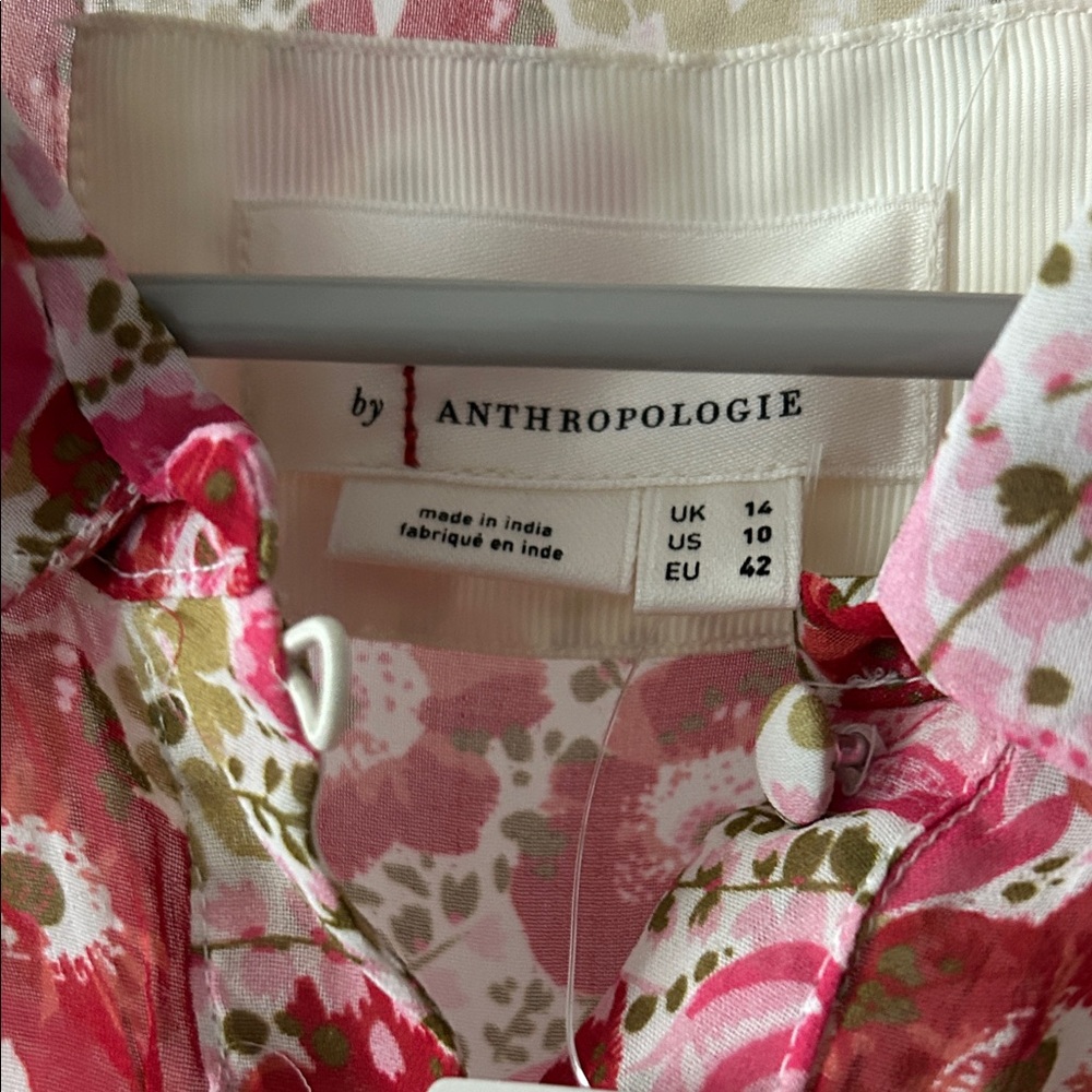 ANTHROPOLOGIE Pink Floral PUFF-SLEEVE RUCHED MESH MIDI SHIRT DRESS - Picture 4 of 11